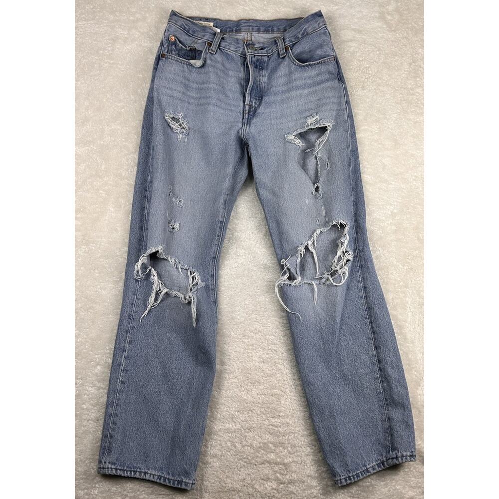 Levis Premium 501 Jeans Womens 25x30 Blue Straight Button Fly Distressed BIG E